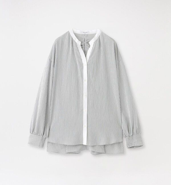  「ストライプリネンミックスギャザーブラウス」|シャツ・ブラウス|グレー