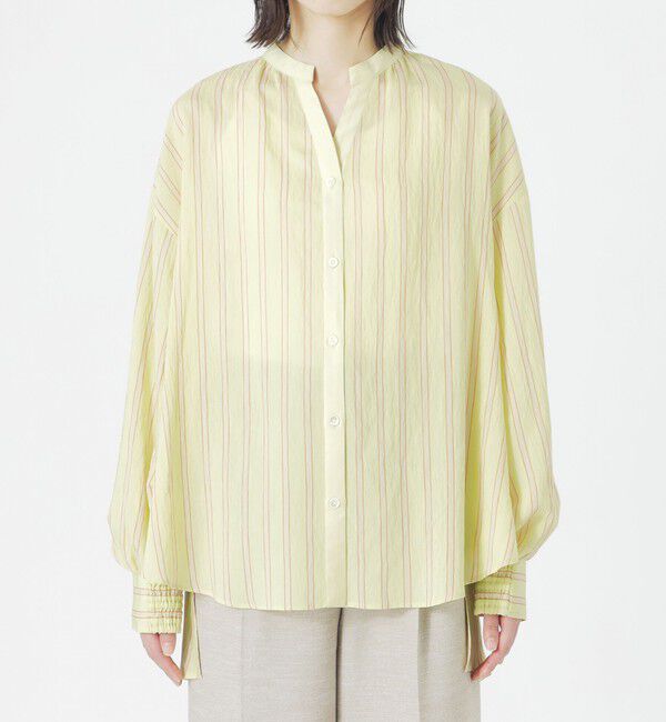  「ストライプリネンミックスギャザーブラウス」|シャツ・ブラウス|