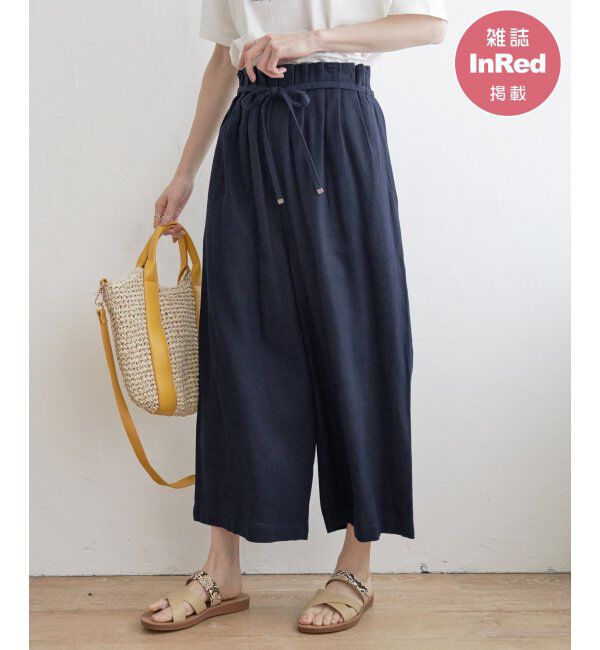 ikka「麻混ベルト付きワイドパンツ」|その他|ネイビー