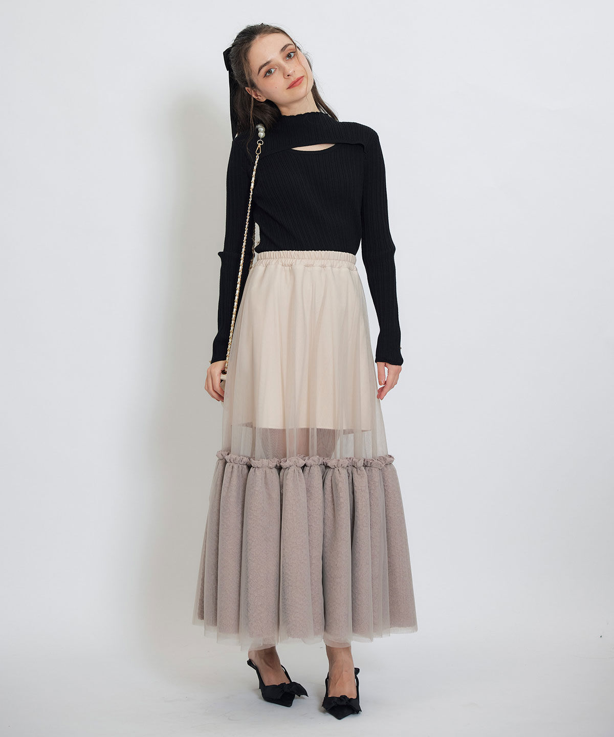 REDYAZEL「ボリュームシアーチュールフレアロングスカート」|フレア|