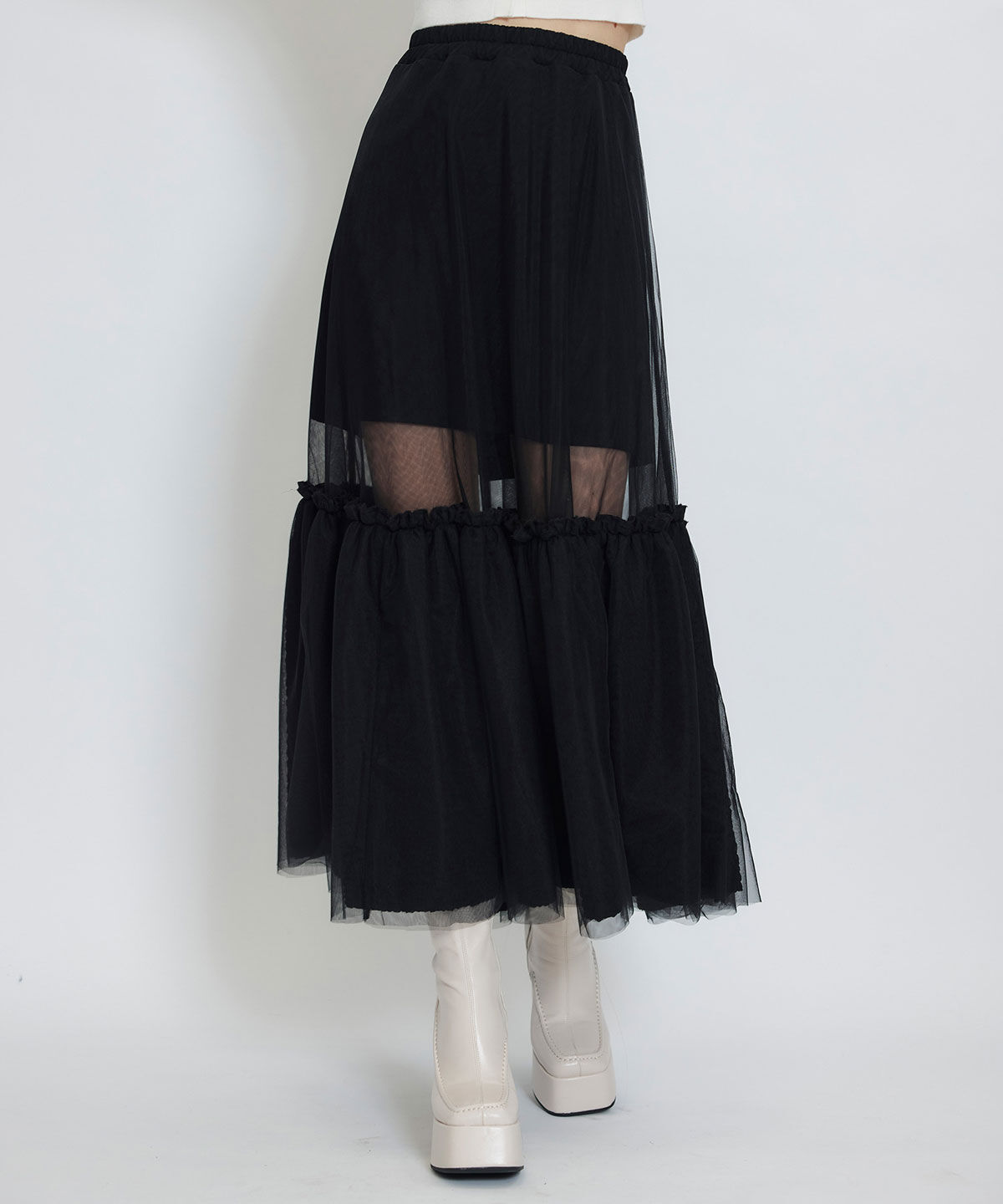 REDYAZEL「ボリュームシアーチュールフレアロングスカート」|フレア|ブラック