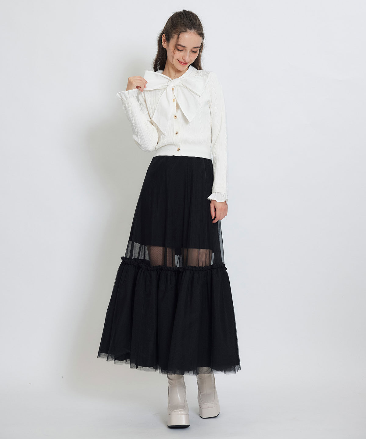 REDYAZEL「ボリュームシアーチュールフレアロングスカート」|フレア|