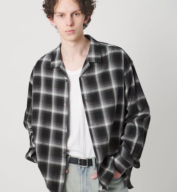 MONKEY TIME「コットン レーヨン オンブレ チェック オープンカラー シャツ」|シャツ・ブラウス|