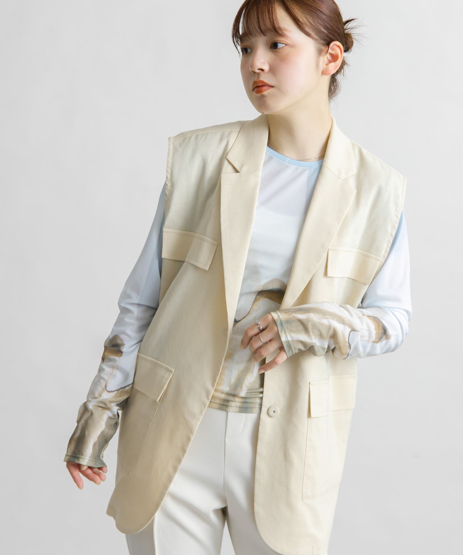  「ミリタリーシアーベスト」|ノーカラーコート|