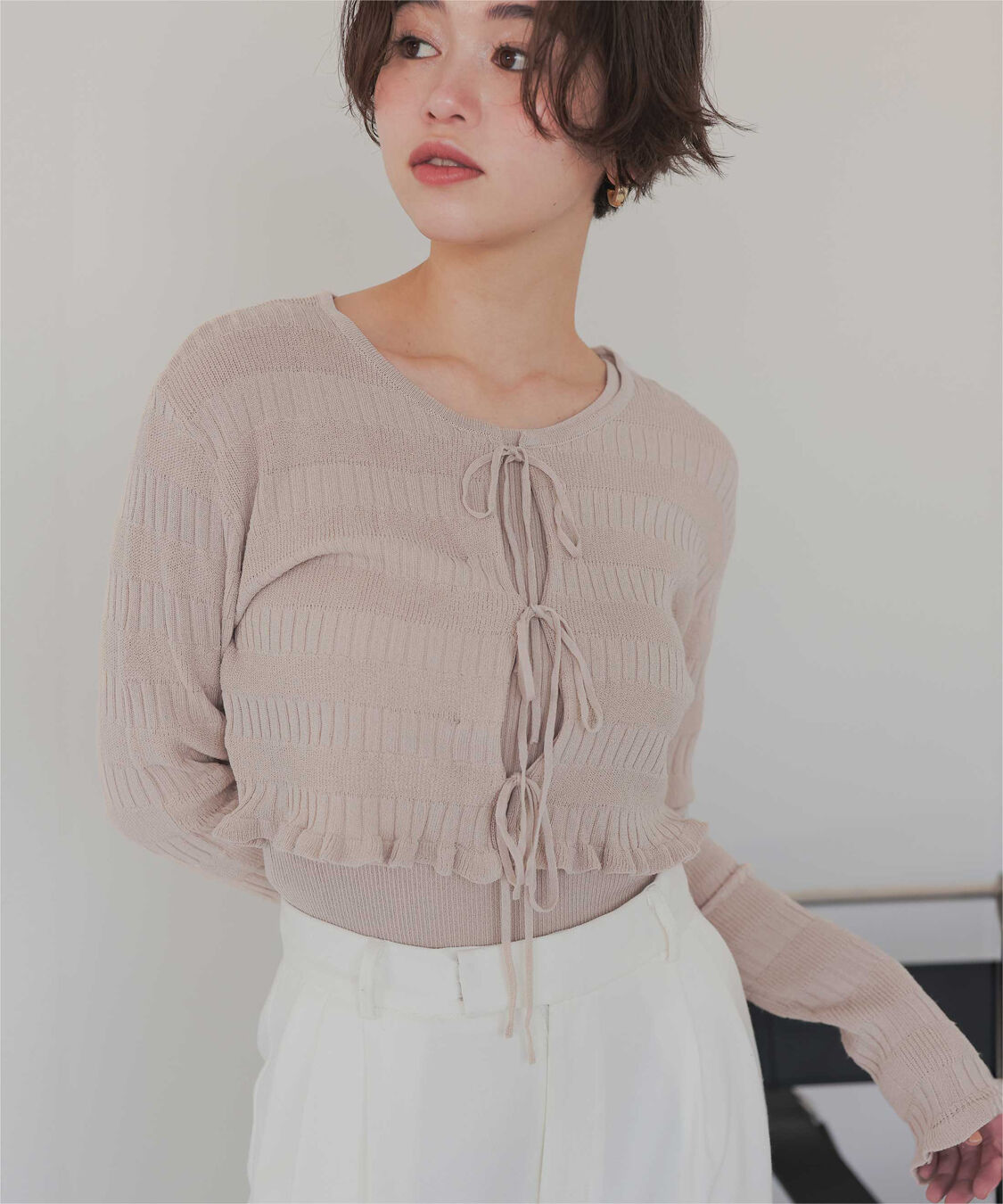 titivate「【さやかさんS/Sコラボ】リボンデザインカーディガン/ノースリーブニットセット」|ニット・セーター|ベージュ