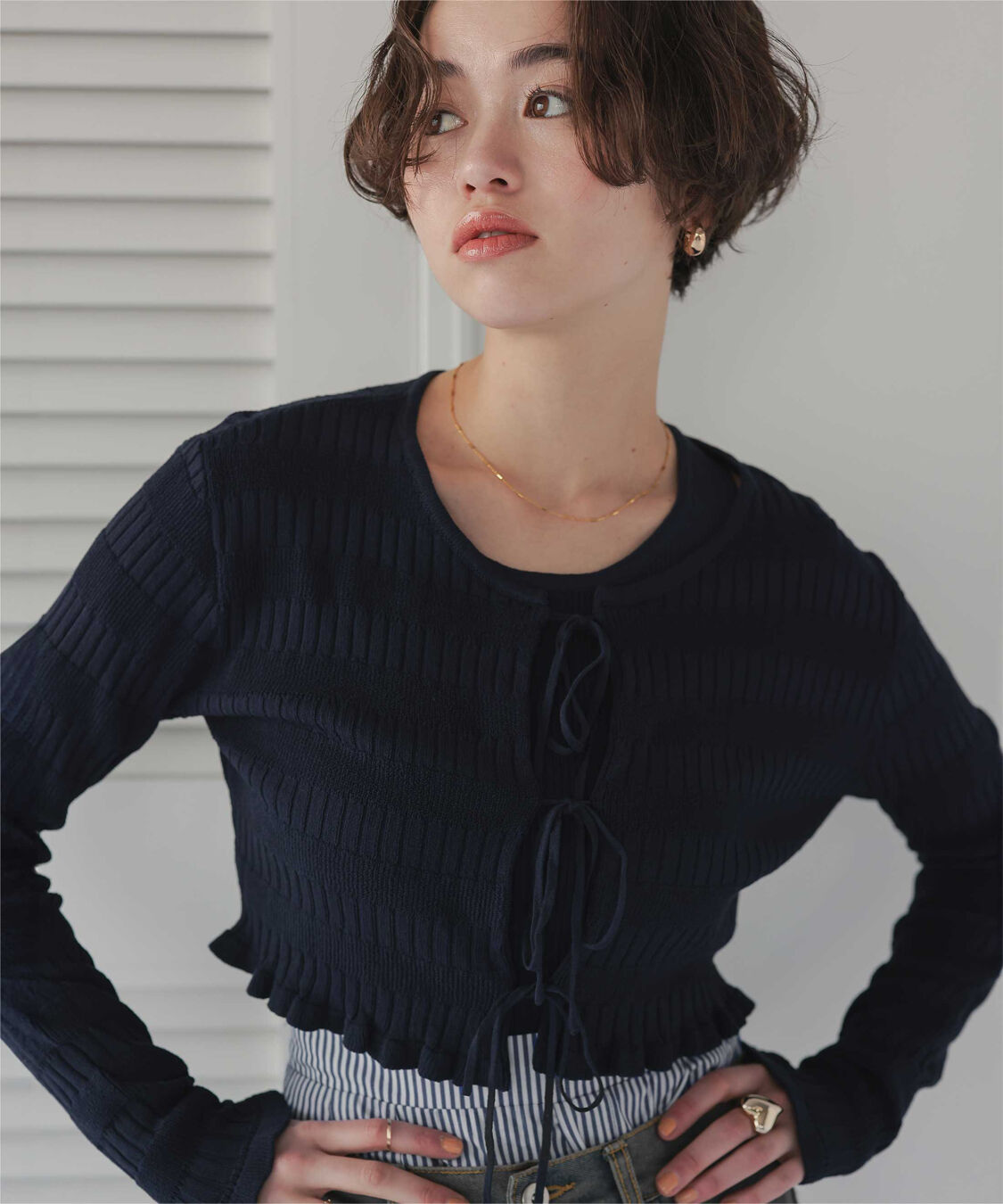 titivate「【さやかさんS/Sコラボ】リボンデザインカーディガン/ノースリーブニットセット」|ニット・セーター|ネイビー