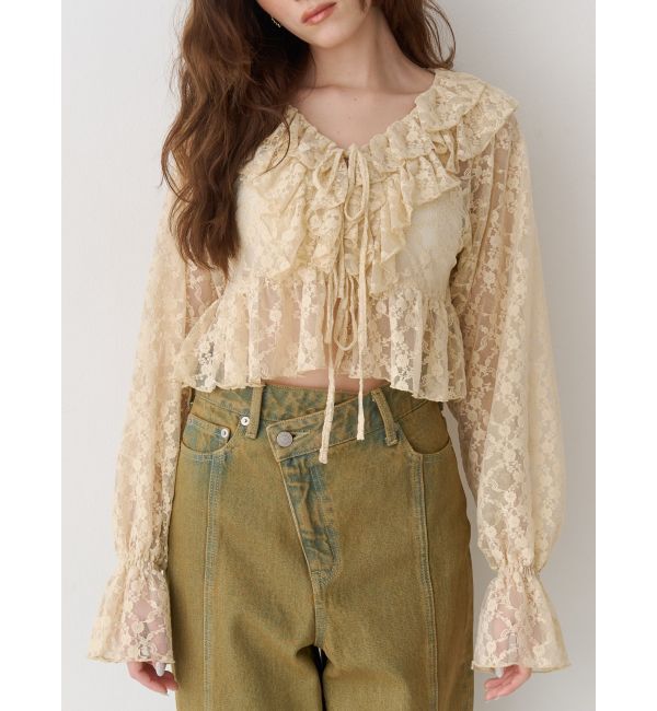 EVRIS「フロントリボンレースクロップドシャツ」|シャツ・ブラウス|ベージュ