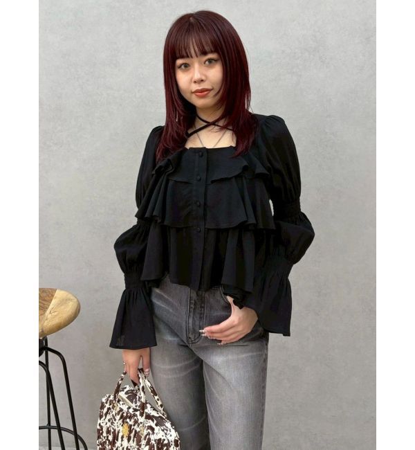 EVRIS「フリルボリュームチュニック」|シャツ・ブラウス|ブラック