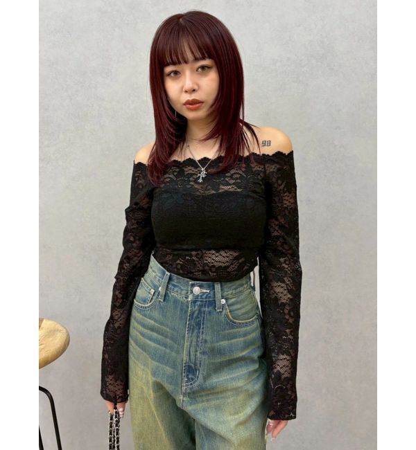 EVRIS「スカラップオフショルレーストップス」|シャツ・ブラウス|ブラック