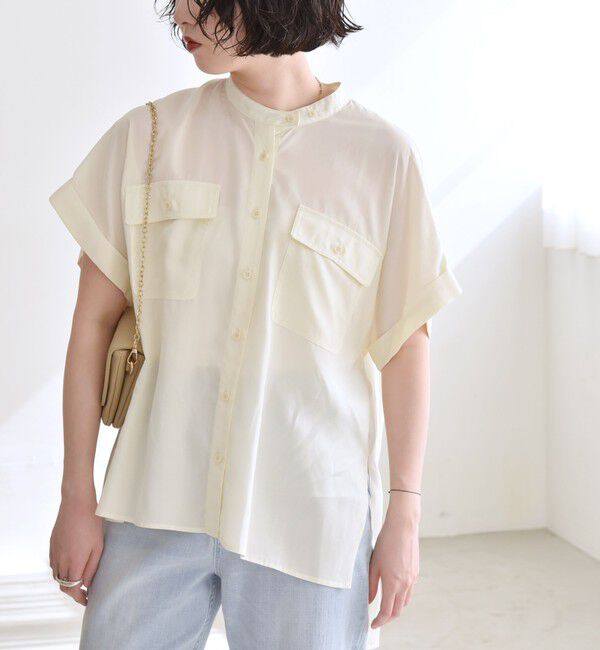 quaranciel「quaranciel:〈手洗い可能〉バンドカラー ハーフスリーブ ポケット ワーク シャツ」|シャツ・ブラウス|