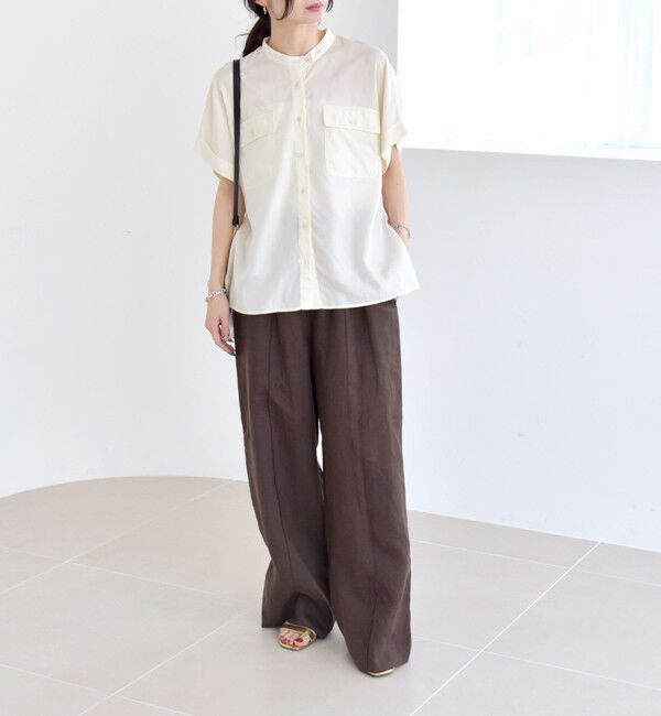 quaranciel「quaranciel:〈手洗い可能〉バンドカラー ハーフスリーブ ポケット ワーク シャツ」|シャツ・ブラウス|