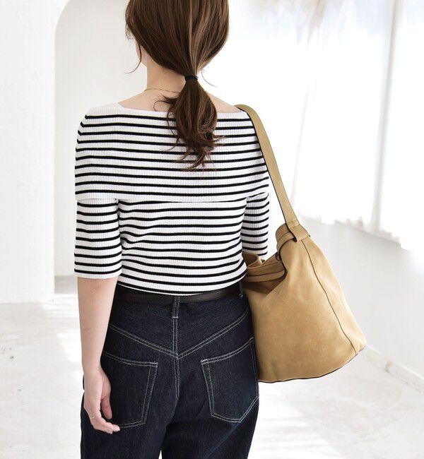 quaranciel「《予約》quaranciel:〈洗濯機可能〉オフショルダー ハーフスリーブ リブ ニット」|ニット・セーター|ブラック