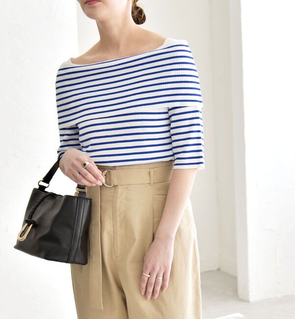 quaranciel「《予約》quaranciel:〈洗濯機可能〉オフショルダー ハーフスリーブ リブ ニット」|ニット・セーター|