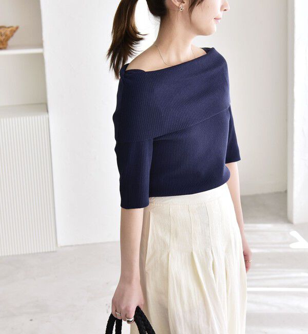 quaranciel「《予約》quaranciel:〈洗濯機可能〉オフショルダー ハーフスリーブ リブ ニット」|ニット・セーター|