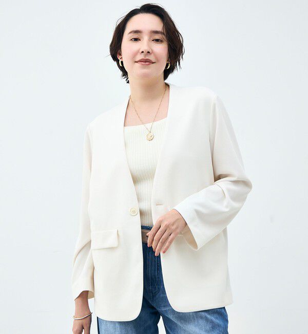Rie Miller「ウォッシャブルノーカラージャケットジョーゼットダンボール」|ノーカラージャケット|オフホワイト
