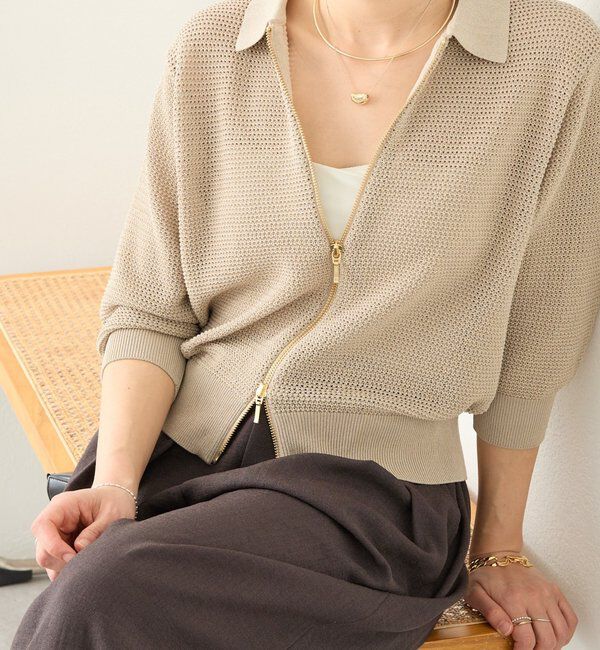  「予約【抜け感】ZIPポロメッシュニット」|カーディガン|ベージュ