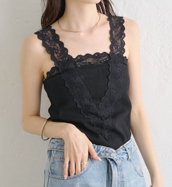  「パット付きVレースタンクトップ」|キャミソール|ブラック