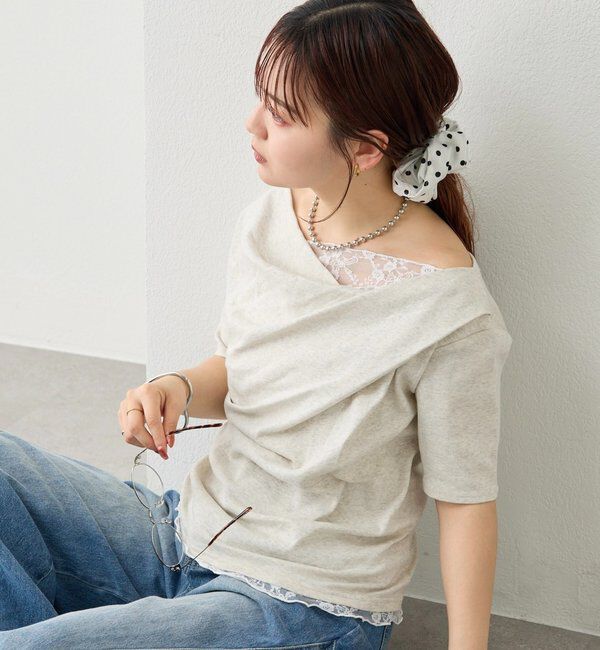  「レースドッキングオフショル半袖Tシャツ」|Tシャツ・カットソー|グレー