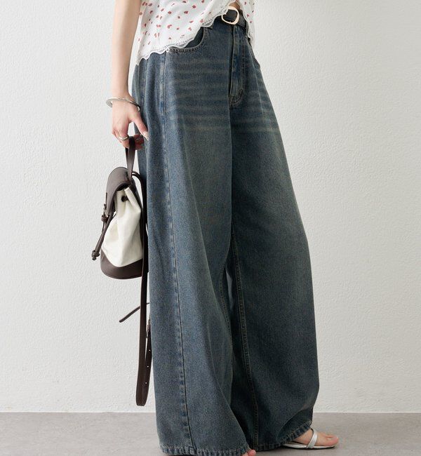  「ベルト付きカーブワイドデニム」|デニム|