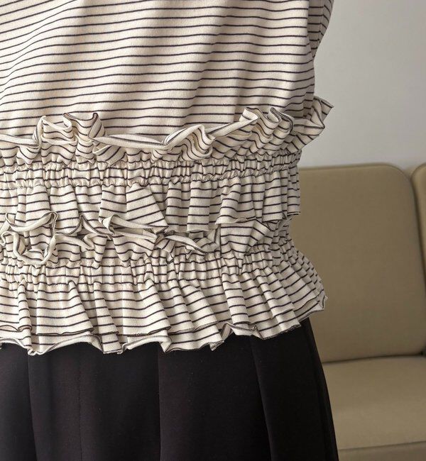  「【肩回りカバー/前後2WAY】ボーダー裾ギャザーT」|Tシャツ・カットソー|