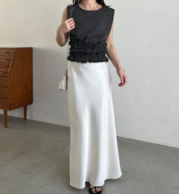  「【肩回りカバー/前後2WAY】ボーダー裾ギャザーT」|Tシャツ・カットソー|