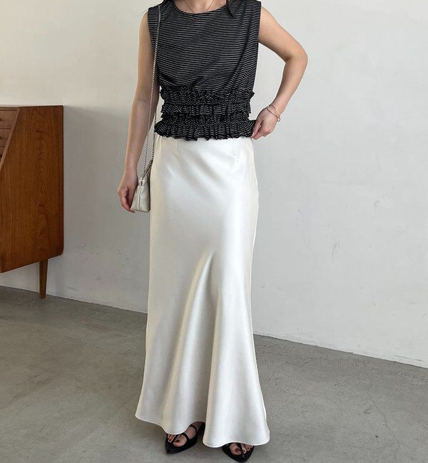  「【肩回りカバー/前後2WAY】ボーダー裾ギャザーT」|Tシャツ・カットソー|