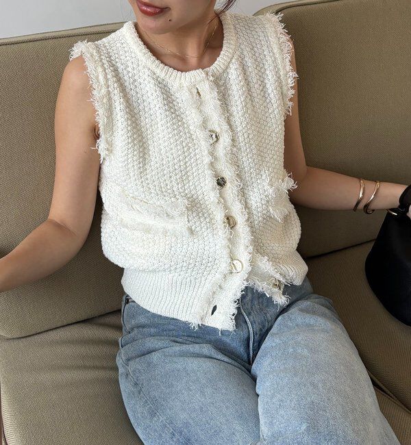  「ツイードライクフリンジベスト」|ニット・セーター|オフホワイト