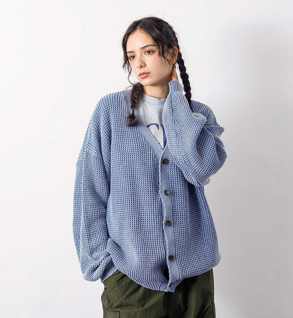 ABAHOUSE「【Revo.レボ】パウダーブリーチ加工ワッフルコットンニットカーディガン/ユニセ」|カーディガン|ブルー