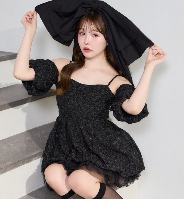  「【Black Ribbon Collection】異素材バルーンミニワンピース」|ワンピース|