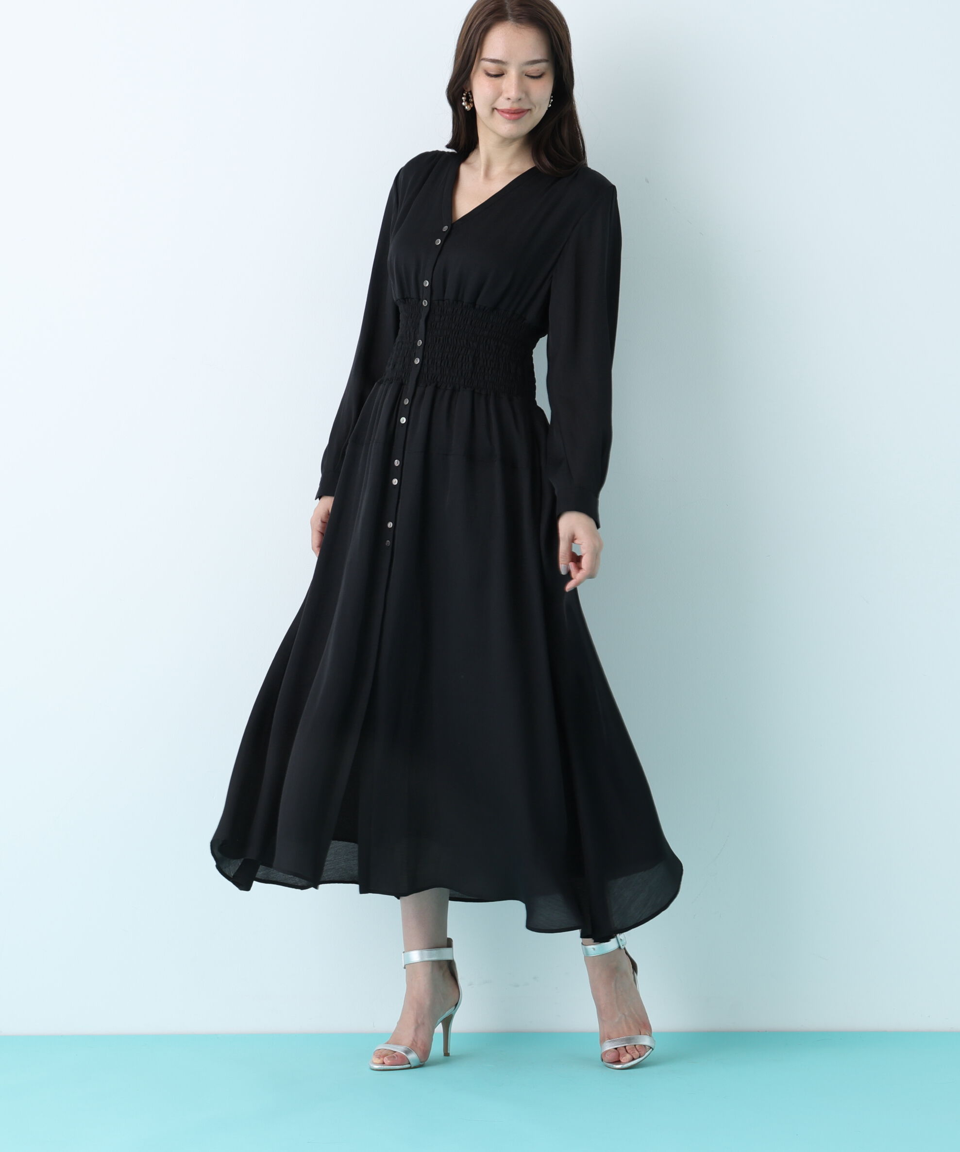  「ウエストシャーリングロングワンピース」|ワンピース|ブラック