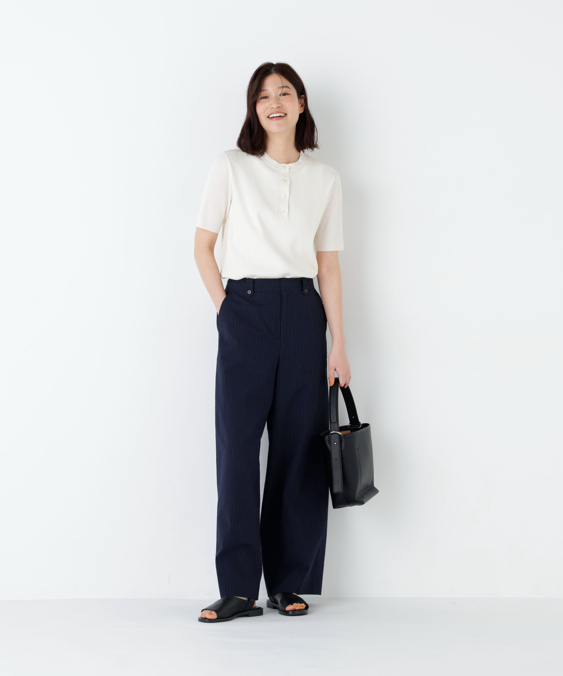  「麻混バイカラーヘンリーネックプルオーバー」|ニット・セーター|