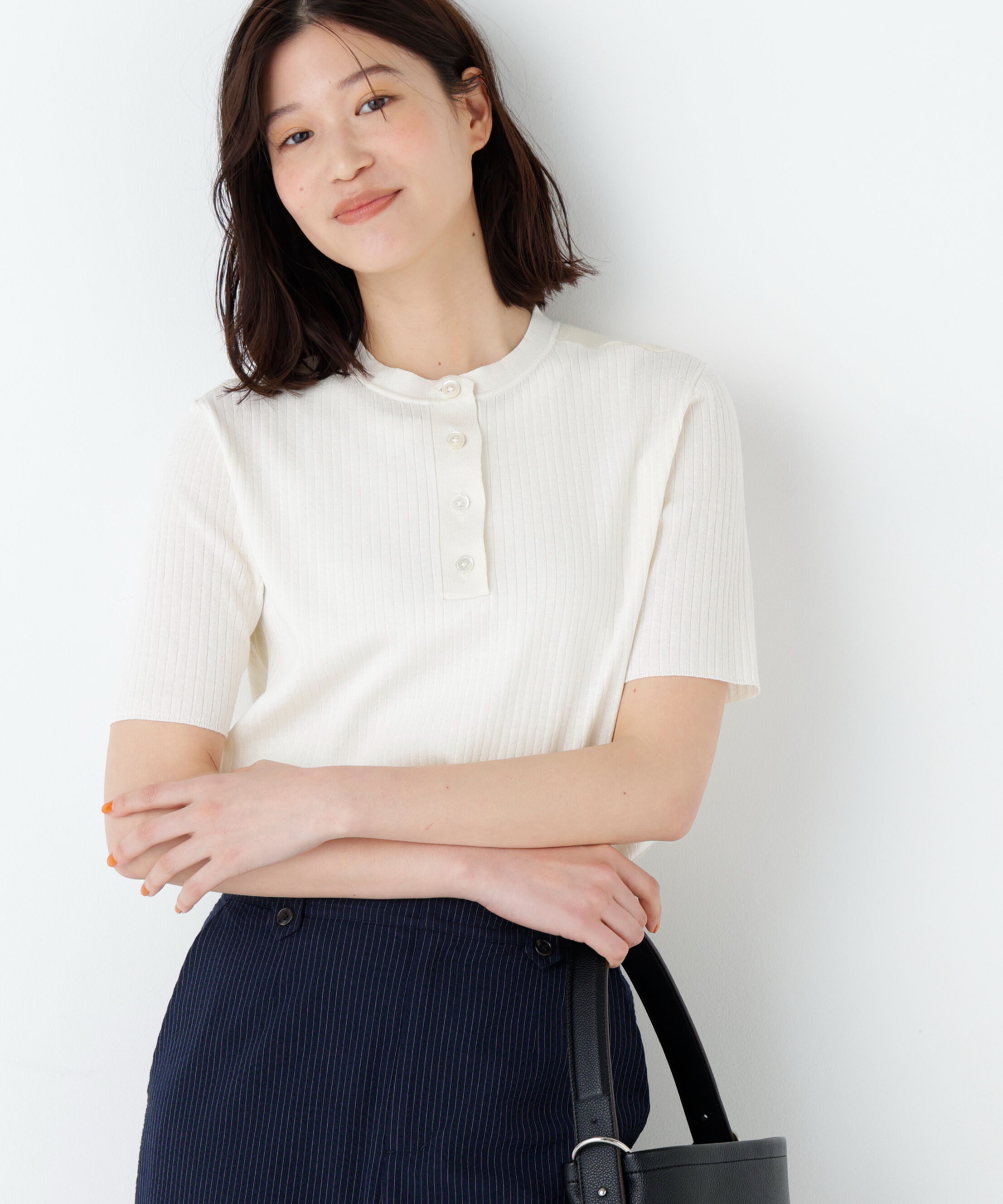  「麻混バイカラーヘンリーネックプルオーバー」|ニット・セーター|