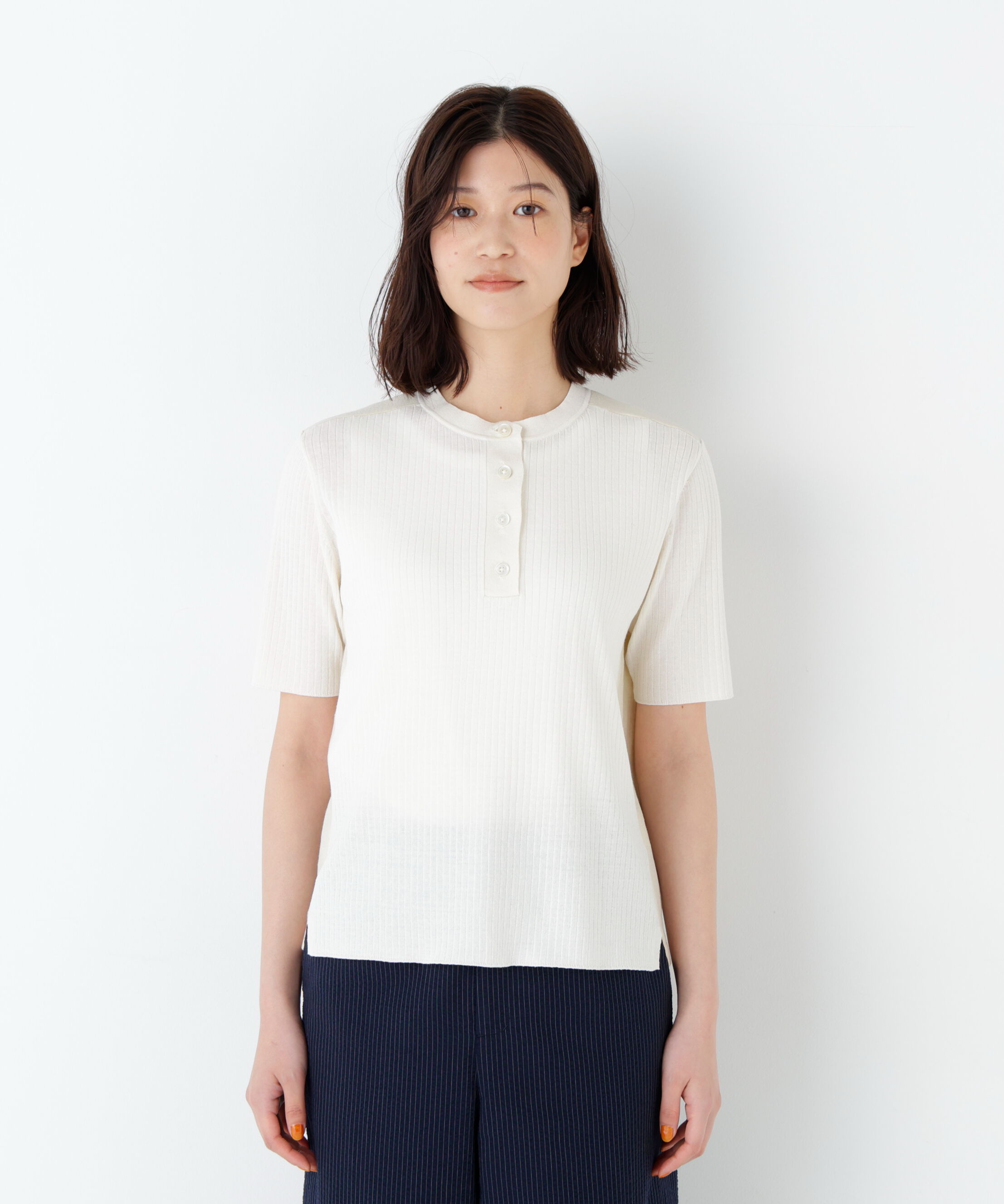  「麻混バイカラーヘンリーネックプルオーバー」|ニット・セーター|