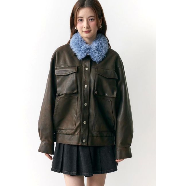 CALNAMUR「ファーカラーフェイクレザーモンスターブルゾン」|ブルゾン・スタジャン|