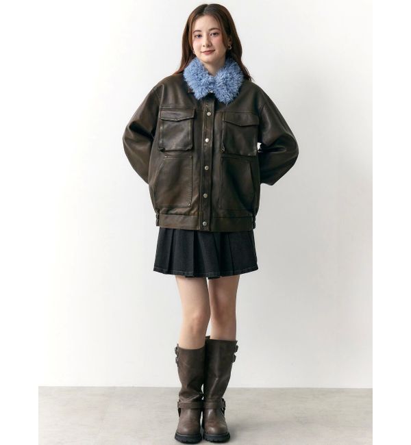 CALNAMUR「ファーカラーフェイクレザーモンスターブルゾン」|ブルゾン・スタジャン|