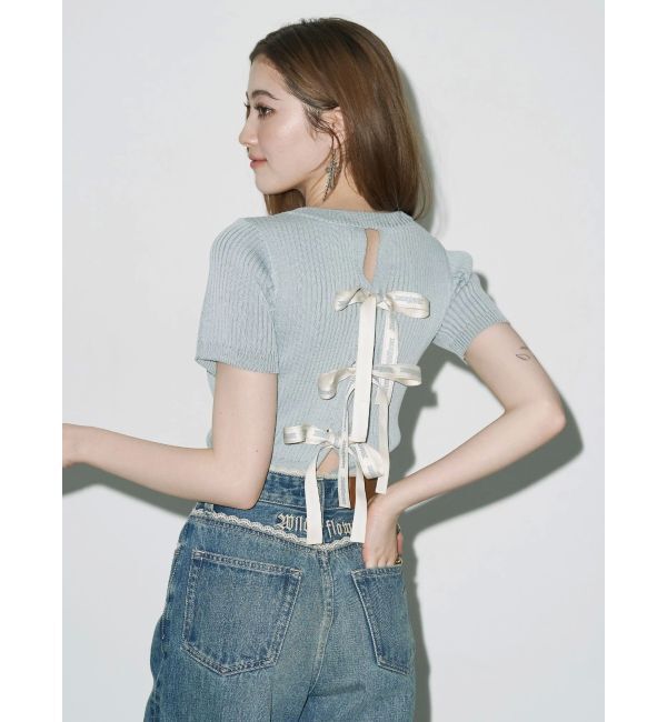 EVRIS「ハーフスリーブバックオープンリボンニットトップス」|ニット・セーター|