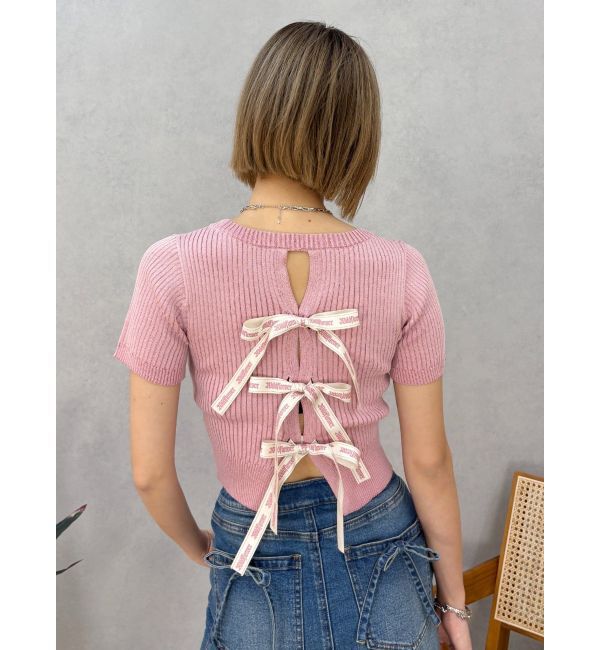 EVRIS「ハーフスリーブバックオープンリボンニットトップス」|ニット・セーター|