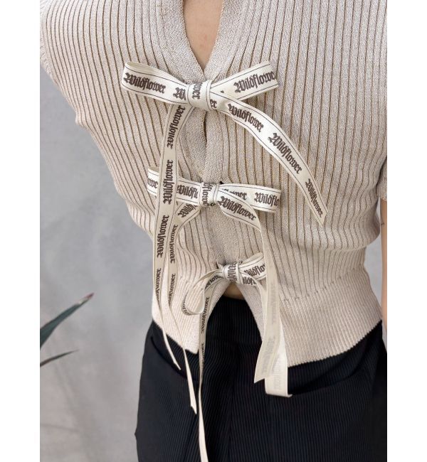 EVRIS「ハーフスリーブバックオープンリボンニットトップス」|ニット・セーター|