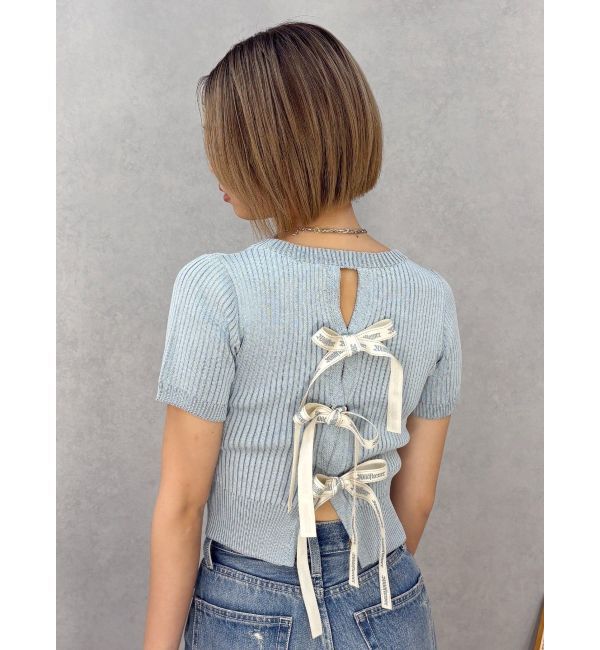 EVRIS「ハーフスリーブバックオープンリボンニットトップス」|ニット・セーター|