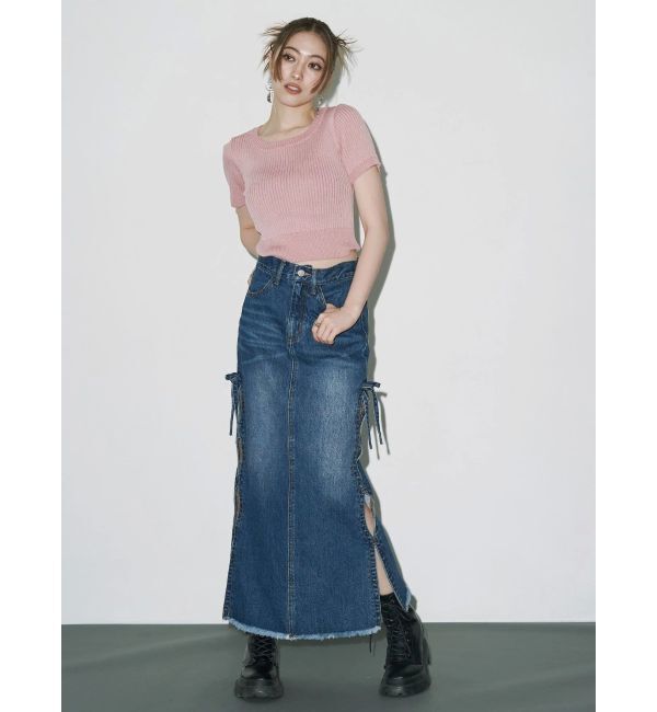 EVRIS「ハーフスリーブバックオープンリボンニットトップス」|ニット・セーター|