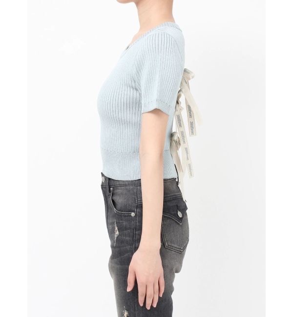 EVRIS「ハーフスリーブバックオープンリボンニットトップス」|ニット・セーター|