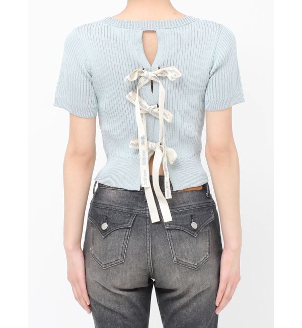 EVRIS「ハーフスリーブバックオープンリボンニットトップス」|ニット・セーター|