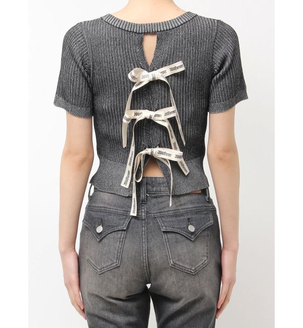 EVRIS「ハーフスリーブバックオープンリボンニットトップス」|ニット・セーター|