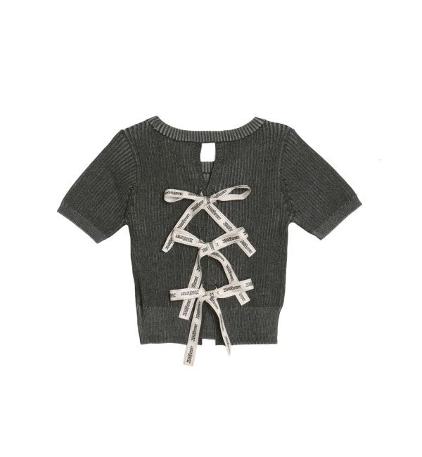 EVRIS「ハーフスリーブバックオープンリボンニットトップス」|ニット・セーター|