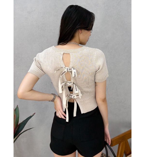 EVRIS「ハーフスリーブバックオープンリボンニットトップス」|ニット・セーター|ベージュ