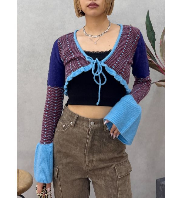 EVRIS「オリジナルパターンショートニットカーディガン」|ニット・セーター|ブルー