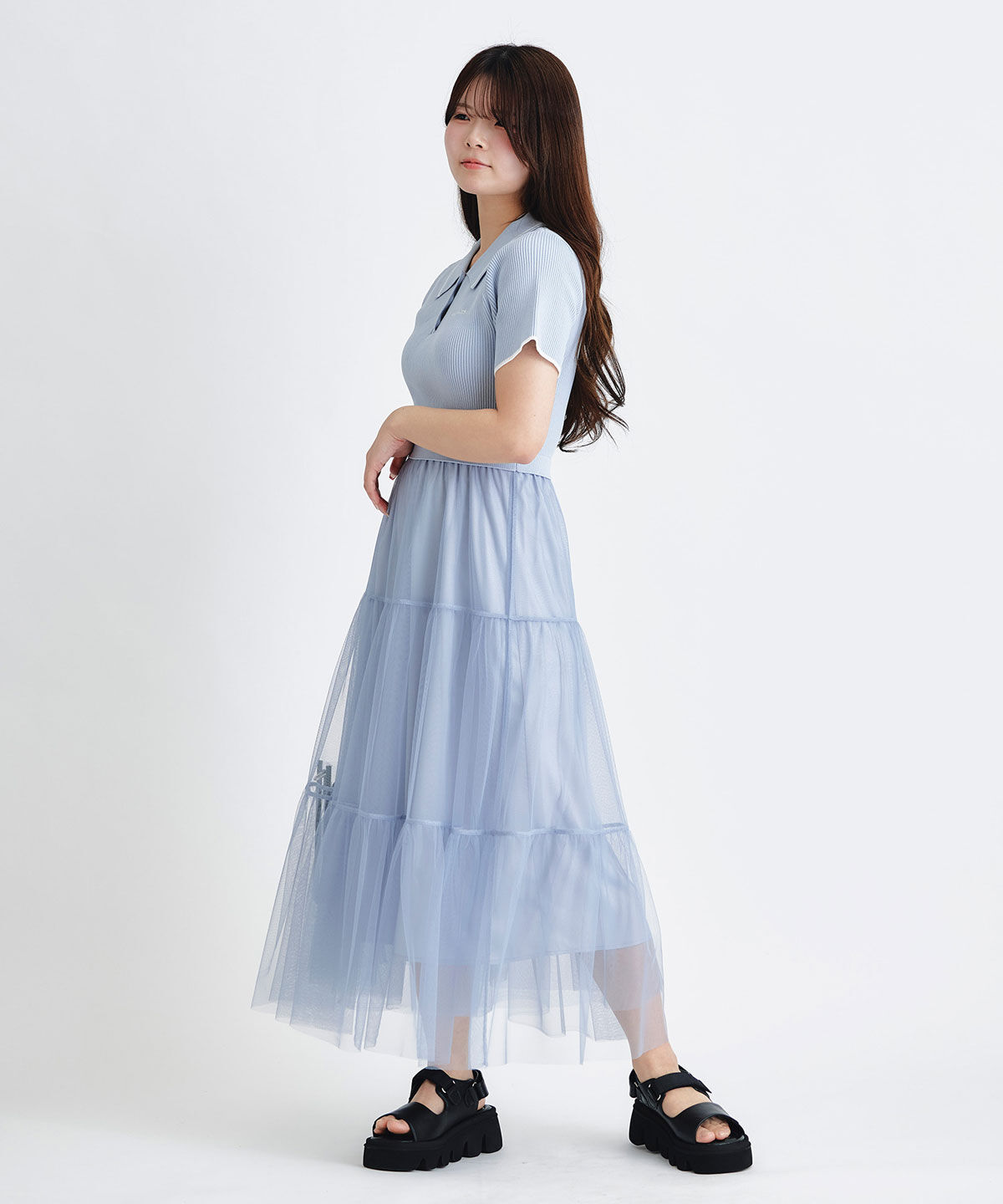 REDYAZEL「ポロニットチュールティアードドッキングロングワンピース」|ワンピース|