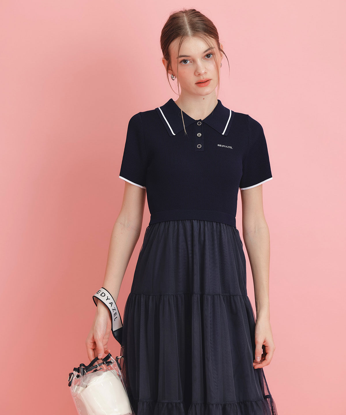 REDYAZEL「ポロニットチュールティアードドッキングロングワンピース」|ワンピース|