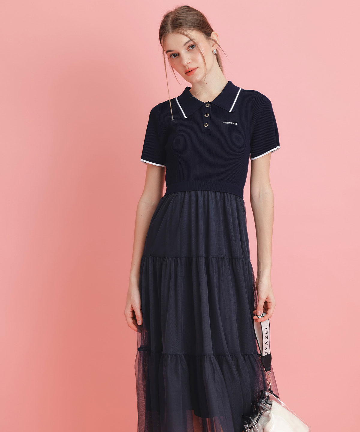 REDYAZEL「ポロニットチュールティアードドッキングロングワンピース」|ワンピース|