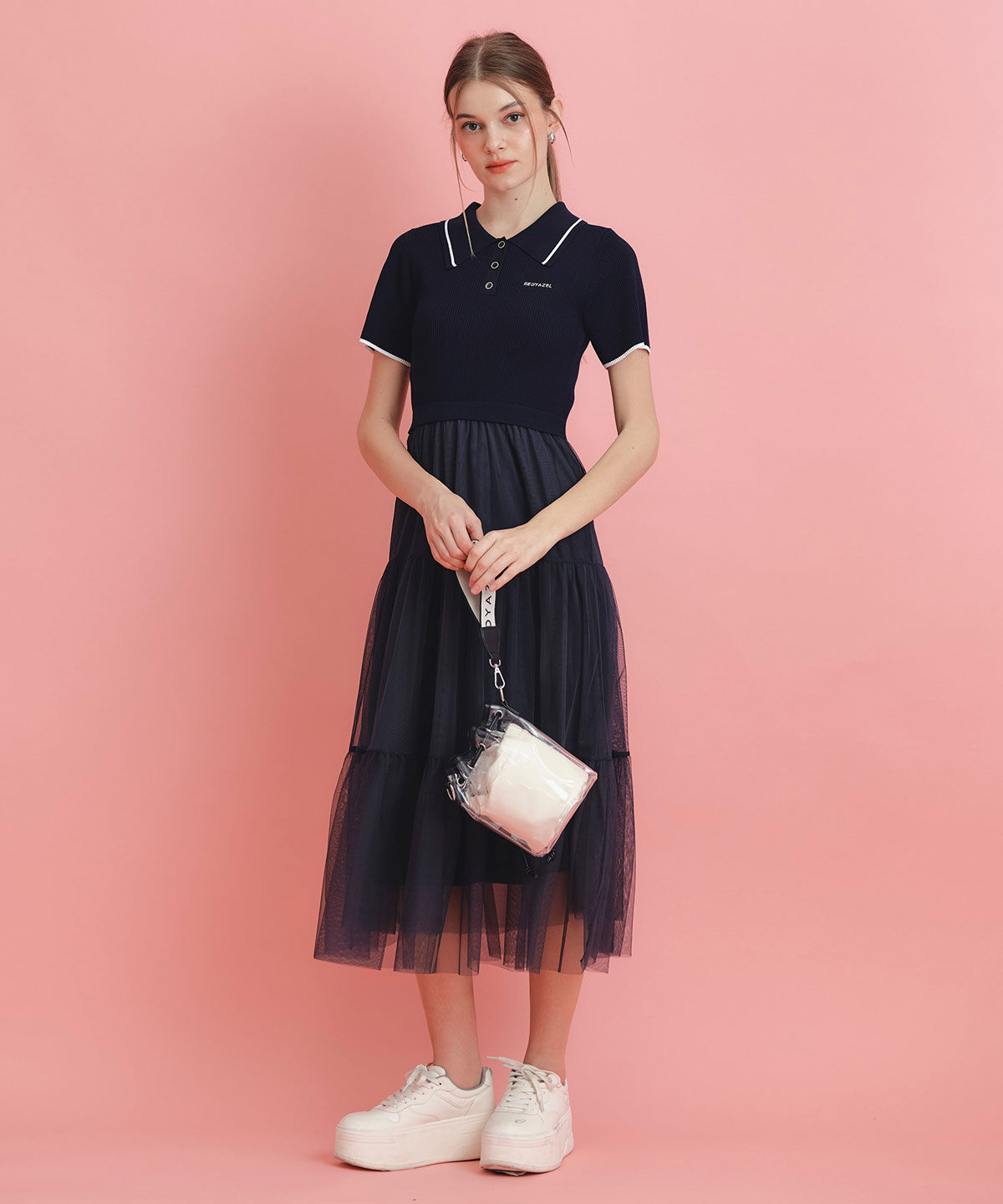 REDYAZEL「ポロニットチュールティアードドッキングロングワンピース」|ワンピース|